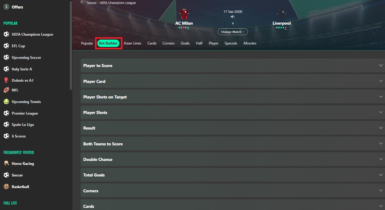 Bet365 page showing AC Milan v Liverpool fixture and available betting markets with the Bet Builder market selected and highlighted